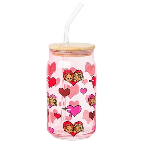 Silver Buffalo Chucky Featuring Tiffany Horror Scary Dolls Bloody Hearts Glass Jar Tumbler with Bamboo Lid and Glass Straw, 16 Ounces
