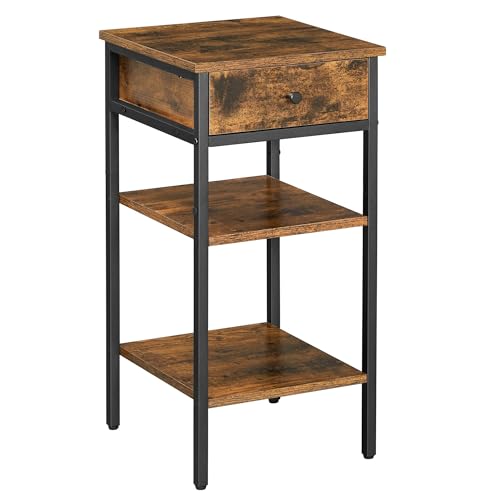 VASAGLE Nachttisch, Couchtisch, Beistelltisch, Nachttisch, hoch, mit Schublade und 2 Ablagen, platzsparend, industrieller Stil, rustikales Braun und...