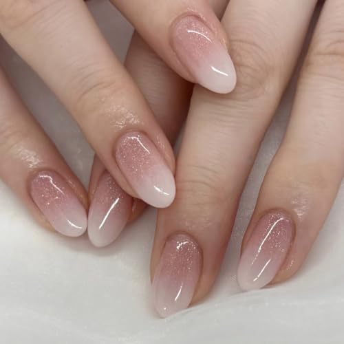 Virellay 24 Stück Gradient Glitzer Mandel Künstliche Fingernägel, Rosa Weiß Nägel Zum Aufkleben, Full Cover Frazösisch Fake Nails, Falsche Nägel Einfache Anwendung für Frauen Maniküre(Gradient)