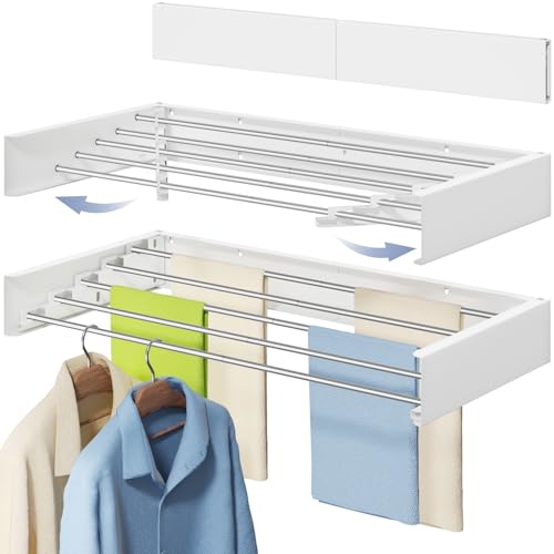 Vikaqi Wall Mounted Foldable Clothes Drying Rack, 32-Inch Wide, 5 Stainless Steel Rods, Space-Saving Laundry Drying Rack