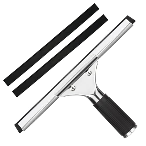 25cm Window Cleaning Squeegee Stainless Wiper with 2 Rubber Blade Replacement Windows Glass Scraper Rubber Non-slip Handle Shower Screen Cleaner Equipment for Bathroom Glass Door Mirror Car Tiles