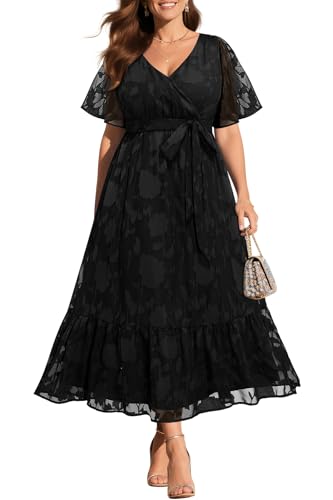 Plus Size Black Dress 2025 Wedding Guest Cocktail Wrap V Neck Summer Maxi Flutter Sleeve Lace Floral Long Dresses