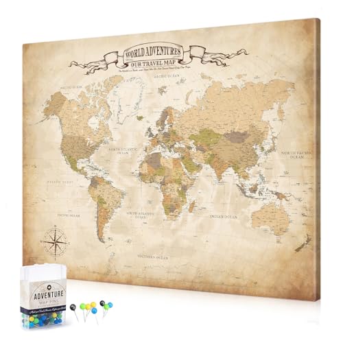 Image of DECORARTS - Large World Travel Map with Pins, Pin Board Canvas Wall Art, Antique Vintage Old World Maps for Wall, Giclee Print, Handcrafted in USA, 35x28''