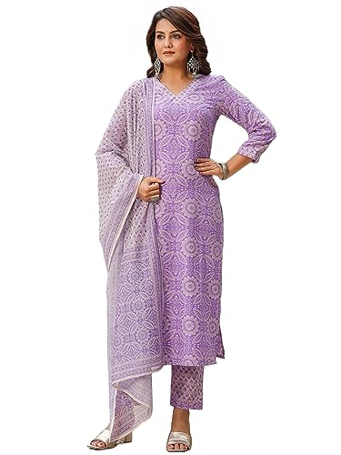 Image of GoSriKi Women's Cotton Blend Straight Printed Kurta with Pant & Dupatta