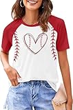 Baseball Love Graphic T-Shirts Women Softball Mom Tops Baseball Mom Shirt Funny Game Day Gifts Sport Short Sleeve Top (Large,White Red)