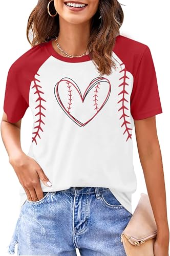 Baseball Love Graphic T-Shirts Women Softball Mom Tops Baseball Mom Shirt Funny Game Day Gifts Sport Short Sleeve Top (Large,White Red)