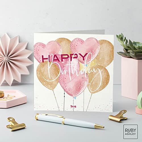 Birthday Card for Female Adult or Child. Balloon Happy Birthday Card for Her with Pink Envelope.