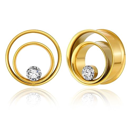 2PCS Double Tunneled Crystal Ear Plugs Tunnels Hypoallergenic 316 Stainless Steel Ear Gauges 8mm-25mm (0G-1