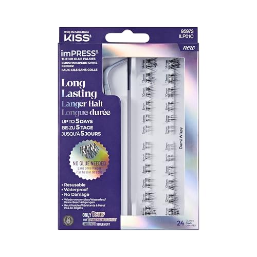 KISS imPRESS Falsies Long Lasting selbstklebende Wimpern Demi Wispy 5 Tage verlängerte Tragedauer 24 natürliche Volumen-Wimperncluster (5 6 8 10 12 und 14mm) präziser Antihaft-Applikator