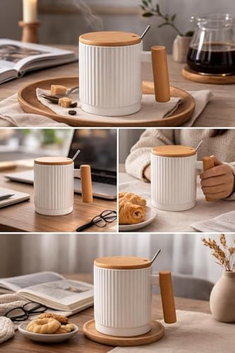 Image of Coffee Mug, Gift for Woman, Birthday Present for Girlfriend, Present for Wife Birthday, Mugs for Present, Holi Gifts, Panda Mug with Lid & Spoon (Fluted White)