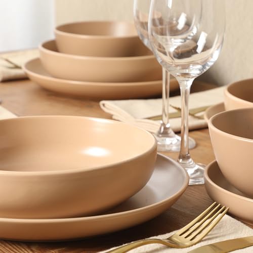 Image of Gibson Elite Leeds Court Plates and Bowls Sets, 16-Piece Stoneware Dinnerware Sets, Terracotta, Round Speckle Reactive Glaze Dish Set