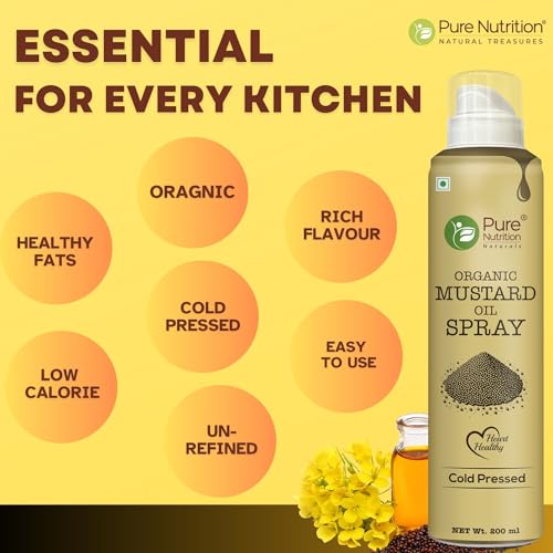 Image of Pure Nutrition Organic Mustard Oil Spray - 200ml | 100% Pure, Natural & Cold-Pressed | Cook Healthy with 10X Less Oil | Ideal for Sauteing & Grilling | Supports Heart Health | Naturally Cholesterol-Free & Rich in Omega-3