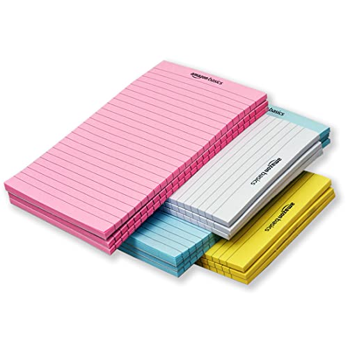 Image of AmazonBasics Wide Ruled 5x 8 - Inch 50-Sheet Lined Writing Note Pad, Pink | White | Blue | Yellow - Pack of 12