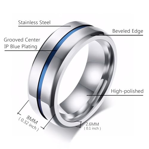 MMTTAO Men's Titanium Ring Wedding Bands for Men Women 6MM 8MM 10MM Black/Blue/Silver Engagement Band Wedding Rings Beveled Edge Brushed Matte Finished & Polished Grooved Center Comfort Fit Size 6-132