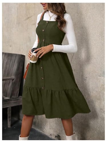 Image of WDIRARA Women's Button Front Sleeveless Ruffle Hem Pinafore Dress Corduroy Jumper Dress