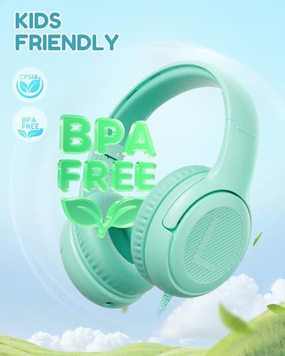 Image of awatrue Kids Headphones for School Travel, 85 /94dB Safe Volume Limit, 3.5mm Jack, HD Mic, Portable Wired Headphone with Shareport, Stereo Sound On-Ear Headphones for Toddler Kids Girls Boys Green