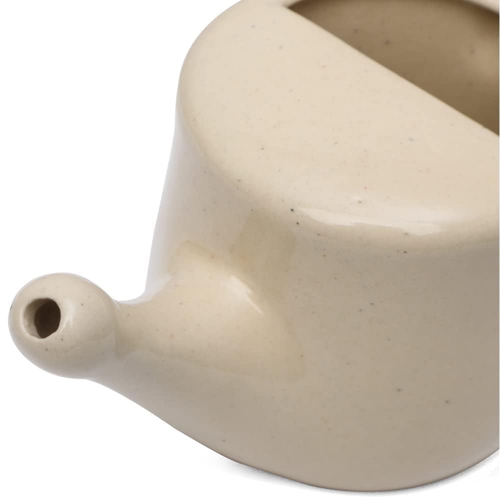 QIMACPLUS Ceramic Jala Neti Pot with Nostril Plugging Support | Leak-Proof, Spill-Free Design | Durable, Lead-Free, Microwave & Dishwasher Safe | Comfort Grip in Cream Color (300ml) 2