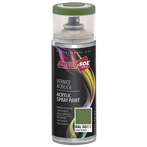 AMBRO SOL   Pintura acrílica en spray, color Verde Reseda, RAL 6011, resultado profesional en múltiples superficies, exteriores e interiores, 400 ml
