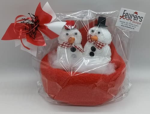 Frotteebox Geschenk Set Schneemann Paar in Handarbeit geformt aus Handtuch 100x50cm rot, 2X Waschhandschuh weiß mit Schwarzwald Bollenhut, Hellblau/Blau – Bild 3