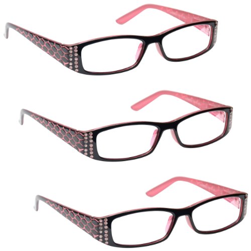 UV Reader Rosa Negro Gafas De Lectura Valor Pack 3 Estilo Diseñador Mujeres Señoras Bisagras Resorte UVR3PK001 +3,00