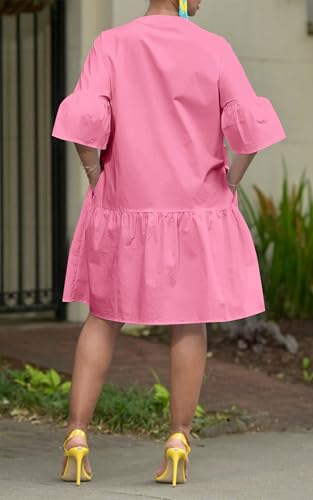 Image of Choichic Button Down Shirt Dresses for Women with Pockets Flare Bell Sleeve A-Line Midi Tunic Dress