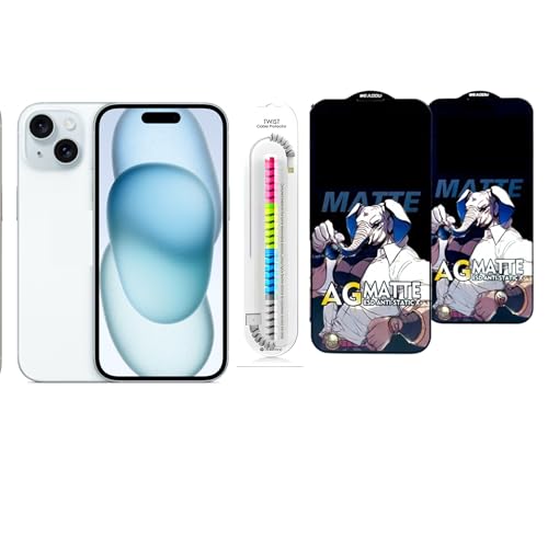 Image of Edge To Edge Matte Tempered Glass Screen Protector Compatible With iPhone 15, 9H Hardness, Anti-Fingerprint, FHD Clear With Cable Protector Pack 2