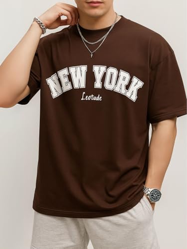 Image of LEOTUDE Casual Half Sleeve Cottonblend Printed Round Neck Drop Shoulder Oversized Tshirt for Man (Color Brown)