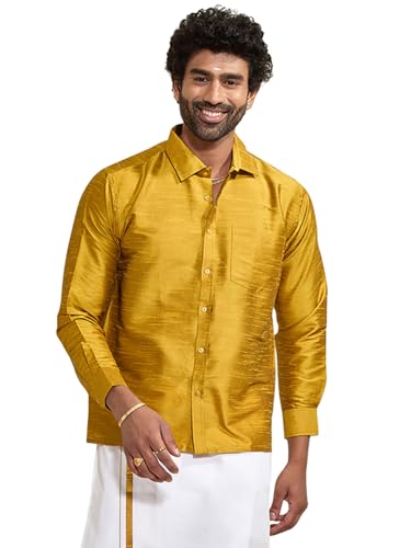 Vastramay Men's Silk Blend Ethnic Shirt | Full Sleeves South Indian Traditional Shirt | Festive, Wedding, Casual Wear