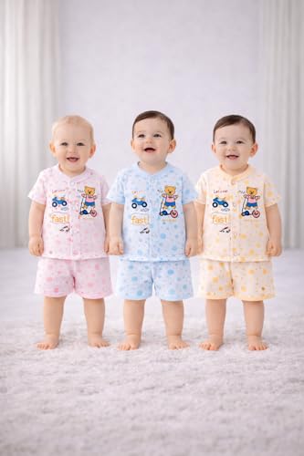 Image of Shyamcollections Baby's Boy's Girl's Full Sleeves 100% Cotton Vests, Jhabla T-Shirt with Shorts Set of 3 Dress for Kids Infant Toddler New Born Baby Clothes