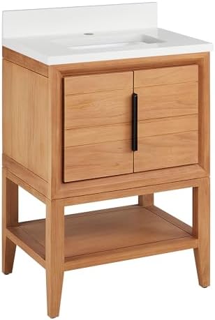 Signature Hardware 955226-24-rumb-1 Aliso 24" Console Teak Single Basin Vanity Set with Cabinet, Vanity Top, and Rectangular Undermount Sink - Single Faucet Hole - Natural Teak/Arctic White