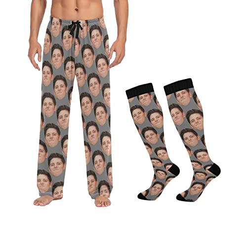 CHIFIGNO Personalized Funny Head Photo Face Men’s Pajama Pants Set with Matching Socks