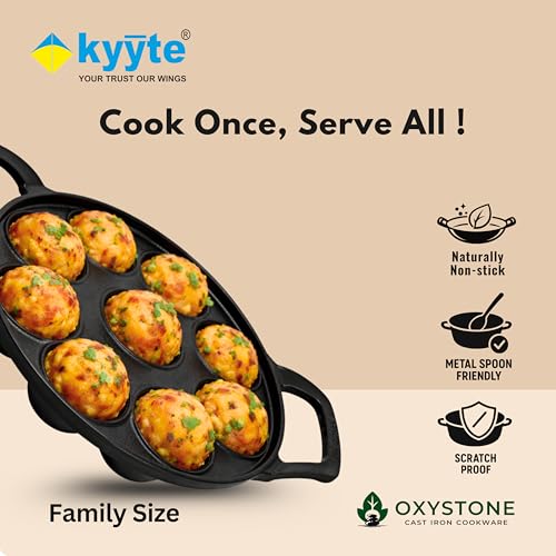 Image of kyyte OxyStone Pre-Seasoned Cast Iron Appe Pan Round 9 Cavities,Paniyaram,Muffin,Appam,Gunta Ponganalu,Paddu Pan Naturally Nonstick Cast Iron,100% Pure,No Chemical Coating,Gas,Induction,OTG Friendly.