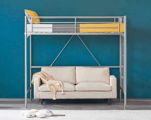 VINGLI Junior Loft Bed with Guard Rail Ladder, Twin-Size Metal Bed Frame for Kids and Young Teens, No Box Spring Required, Gray