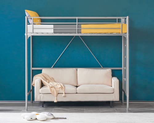 VINGLI Junior Loft Bed with Guard Rail Ladder, Twin-Size Metal Bed Frame for Kids and Young Teens, No Box Spring Required, Gray