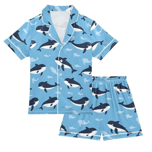Cartoon Killer Whale Style Summer Satin Pajama Set, Cute Button-Down Sleepwear Pj Set for Sleep Wears