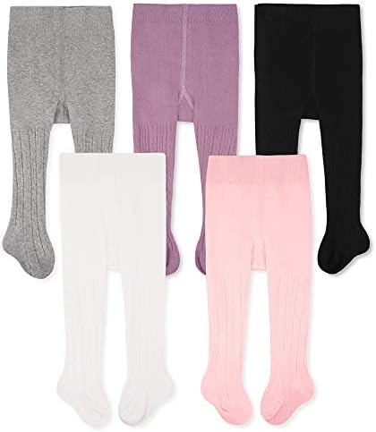 CozyWay Baby Tights for Girls - Cable Knit Cotton Leggings, Stockings, White/Black/Light Gray/Pink/Purple, 5 Pack, 6-12 Months