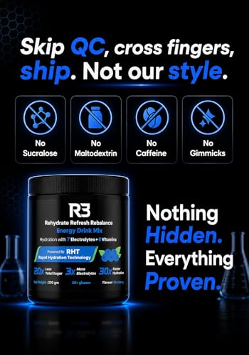Image of R3 Instant Electrolyte Powder Mix | 500 mg Sodium 2:1 Na:K | 7 Electrolytes Na K Mg Ca Cl Zn SO4 | Fast Dissolve Drink | Workout Hydration & Sustained Boost | Blueberry Flavour | 30+ servings /7.5 Ltr | 200 g