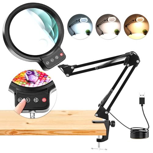 NZQXJXZ 10X 30X Large Magnifying Glass with Light, LED Lighted Magnifier lamp with Clamp, 3 Colour Modes Stepless Dimmable, Hands-Free Magnifying Glass Desk Lamp for Close Work, Reading, Craft, Hobby