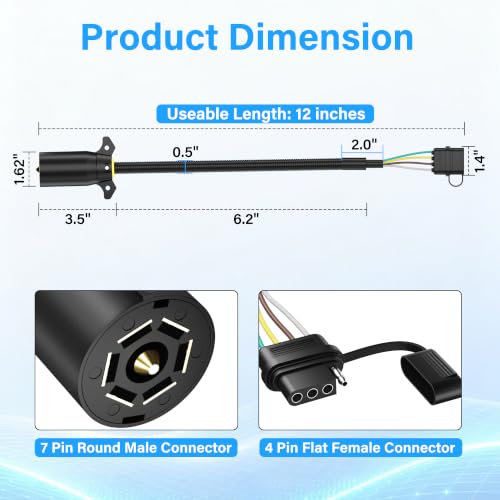 Adaptador de enchufe plano de 7 vías para remolque de 4 pines macho hembra con cable plano 3