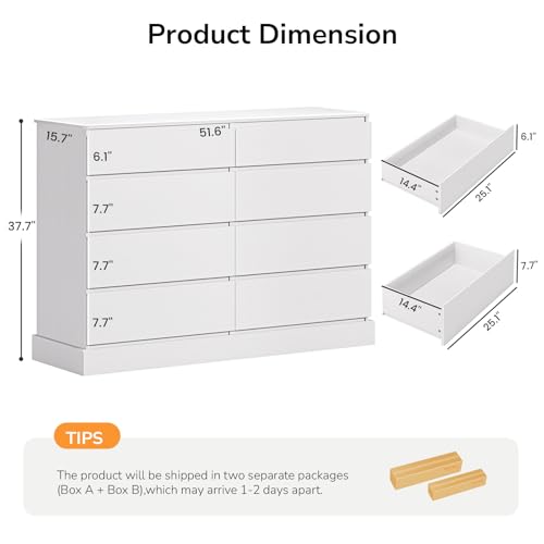 Image of DICTAC 8 Drawers Dresser for Bedroom, White Large Chest of Drawers, Long Modern Double Dressers, Big Clothing Storage Organizer Closet with Ample Space, 51.6''L x 15.7''D x 37.7''H
