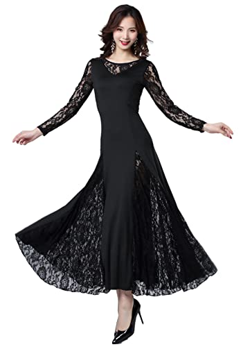 Female Ballroom Dance Lace Dress Long Skirt Modern Dance Big Swing Dress Waltz Dance Costume Competition Costume Black L