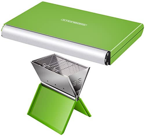 Steinborg Parrilla plegable, para portátil, parrilla de camping, montaje rápido, marco resistente al calor, peso ligero, adecuado para carbón vegetal, grandes rejillas de ventilación (Galaxy Green) Cover