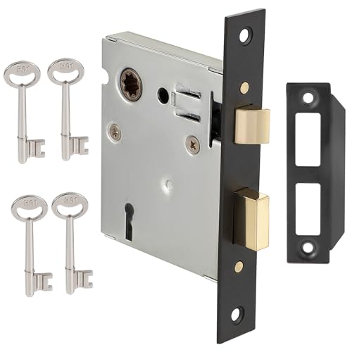 Toptotoo Mortise Lock Set - Interior Door Lock Replacement Kit, Reversible Latch, Skeleton Key, Antique Vintage Style, Matte Black Finish