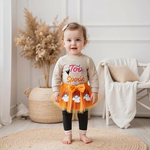 Userdefined Toddler Baby Girl Halloween Outfit Letter Ghost Embroidery Sweatshirt Tulle Skirt Fall Clothes Set3