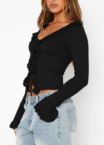 Navneet Women Ruffle Tie Front Cardigan Sweater Long Bell Sleeve Cropped Knit Sweater Top4