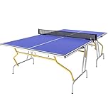 Soozier 9' x 5' Full Size Ping Pong Table, Fold Into Quarters, Portable Table Tennis Table with Net, Paddles, Balls, MDF, Blue