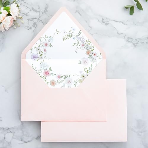 PONATIA 50PCS A7 Euro Flap Envelopes, 5.25 x 7.25\'\' Blush Pink Flowers Liner Envelopes for 5x7 Wedding Invitations, Photos, Postcards, Greeting Cards, Christmas Gift Cards, Acrylic Mailing