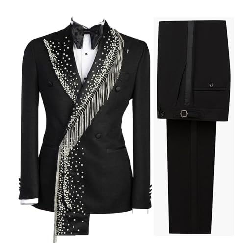 Men's 2 Pieces Suit Black Tuxedo with Rhinestone Slim Fit Peaked Lapel Double Breasted Jacket Pant for Party