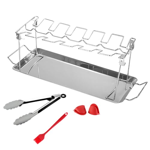 Ruwshuuk Soporte para Muslos De Pollo para Parrilla | Soporte Giratorio para Pollo,Accesorio De Acero Inoxidable Resistente Al Calor con Bandeja Antigoteo para En Casa O Jardín con 12 Espacios