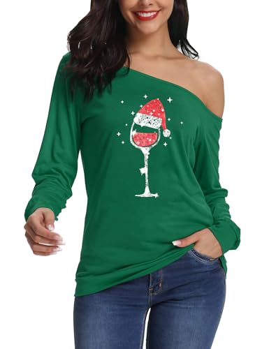 Festive Christmas Tees Women Off Shoulder Long Sleeve 17 christmas tees - green wine glass
